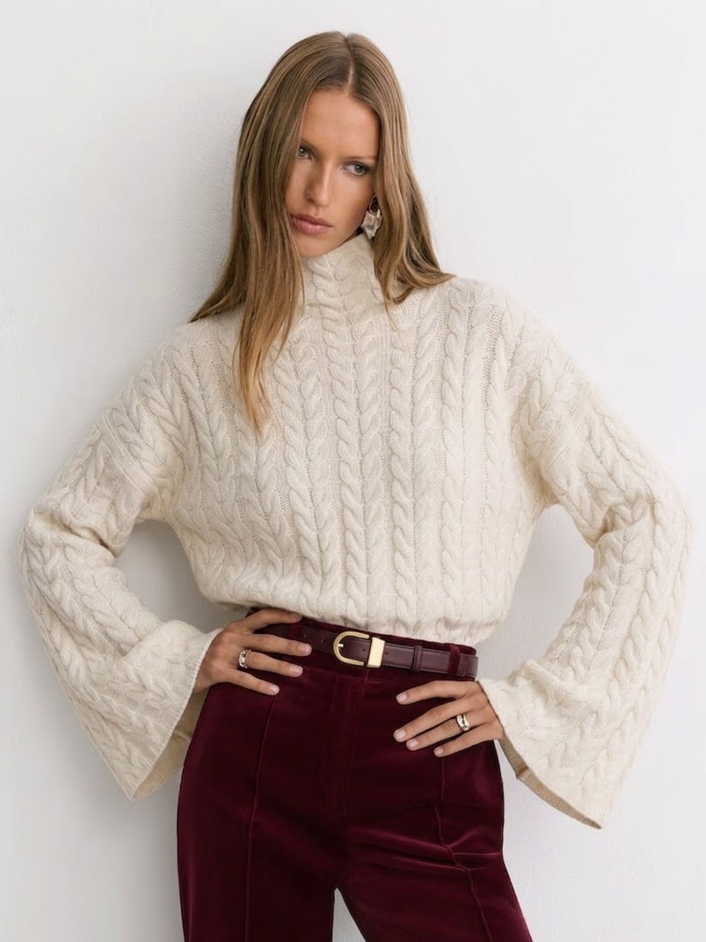 Theory $495 Horseshoe Cable Knit Cashmere Turtle Neck Bell Sleeve Sweater Sz XL